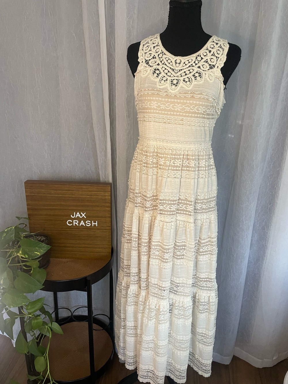 Eliza J Cream Crochet Tiered Maxi Dress
